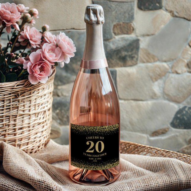 Gold Black Glitter Cheers To 20 Years Anniversary Sparkling Wine Label (Creator Uploaded)