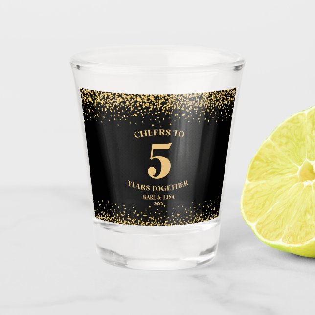 Gold Black Glitter Cheers To 5 Years Anniversary Shot Glass (Front)