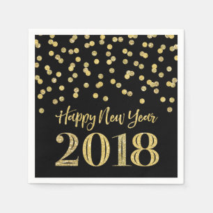 Gold Black Glitter Confetti Happy New Year 2018 Napkin