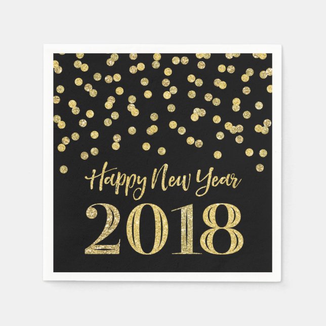 Gold Black Glitter Confetti Happy New Year 2018 Napkin (Front)