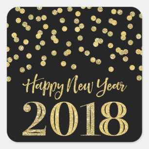 Gold Black Glitter Confetti Happy New Year 2018 Square Sticker