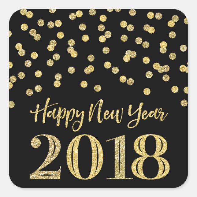 Gold Black Glitter Confetti Happy New Year 2018 Square Sticker (Front)