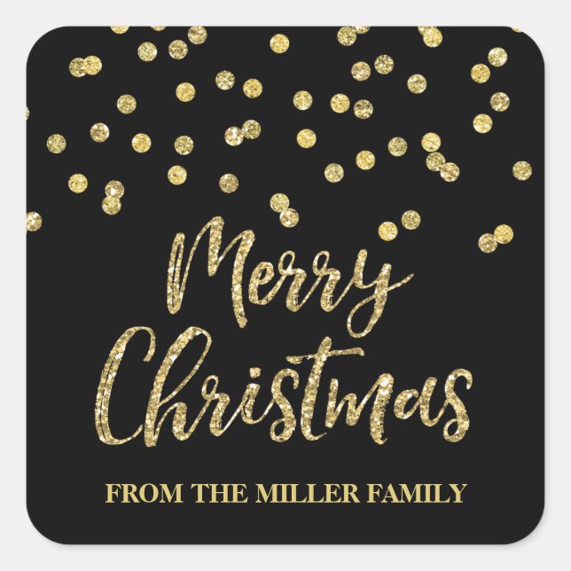 Gold Black Glitter Confetti Merry Christmas Custom Square Sticker
