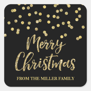 Gold Black Glitter Confetti Merry Christmas Custom Square Sticker