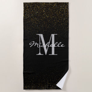 Gold & Black Glitter Custom Monogram First Name  Beach Towel
