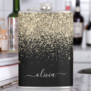 Gold Black Glitter Custom Monogram Name Hip Flask