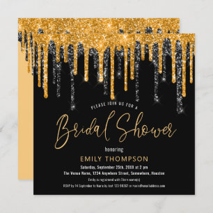 Gold black Glitter Drip Script Bridal Shower Invitation