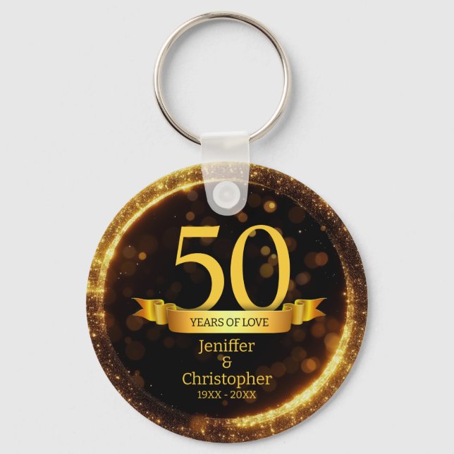Gold & Black Glitter Edit Year Wedding Anniversary Key Ring (Front)