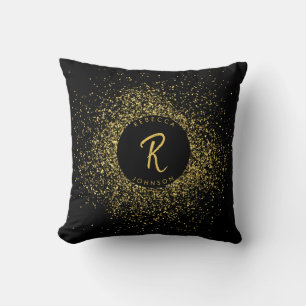 Gold & Black Glitter Frame Monogram Cushion