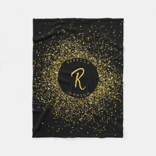 Gold & Black Glitter Frame Monogram Fleece Blanket