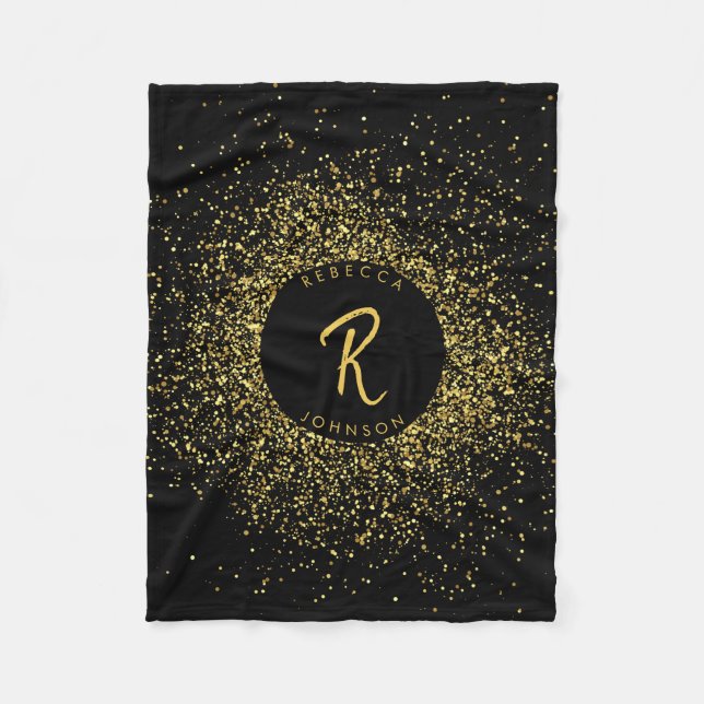 Gold & Black Glitter Frame Monogram Fleece Blanket (Front)