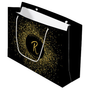 Gold & Black Glitter Frame Monogram Large Gift Bag