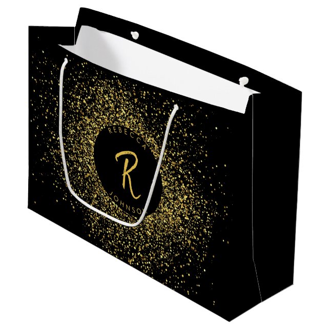 Gold & Black Glitter Frame Monogram Large Gift Bag (Front Angled)