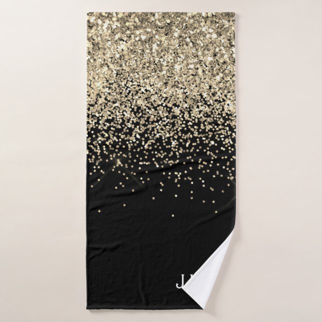 Gold Black Glitter Girly Monogram Initials Bath Towel (Bath Towel)