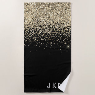 Gold Black Glitter Girly Monogram Initials Beach Towel