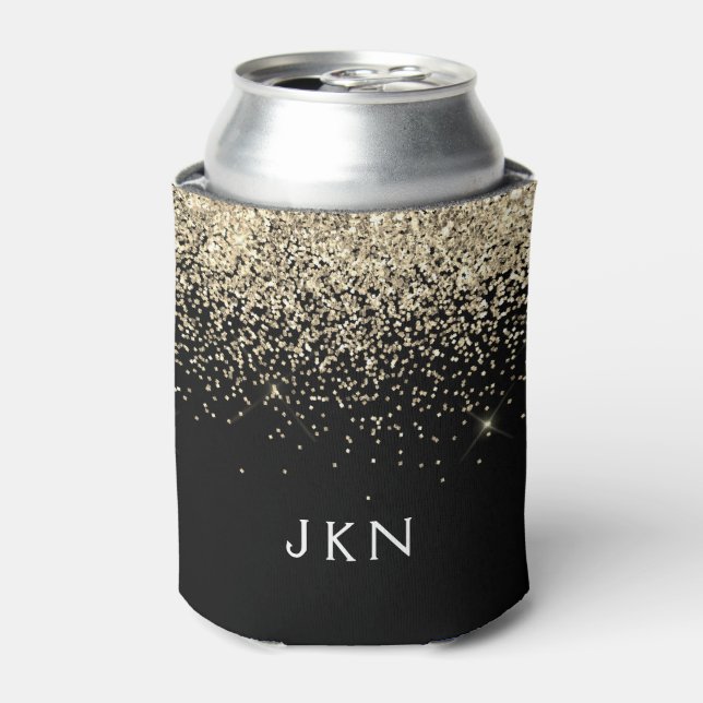 Gold Black Glitter Girly Monogram Initials Can Cooler (Can Front)