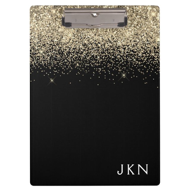 Gold Black Glitter Girly Monogram Initials Clipboard (Front)