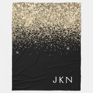 Gold Black Glitter Girly Monogram Initials Fleece Blanket