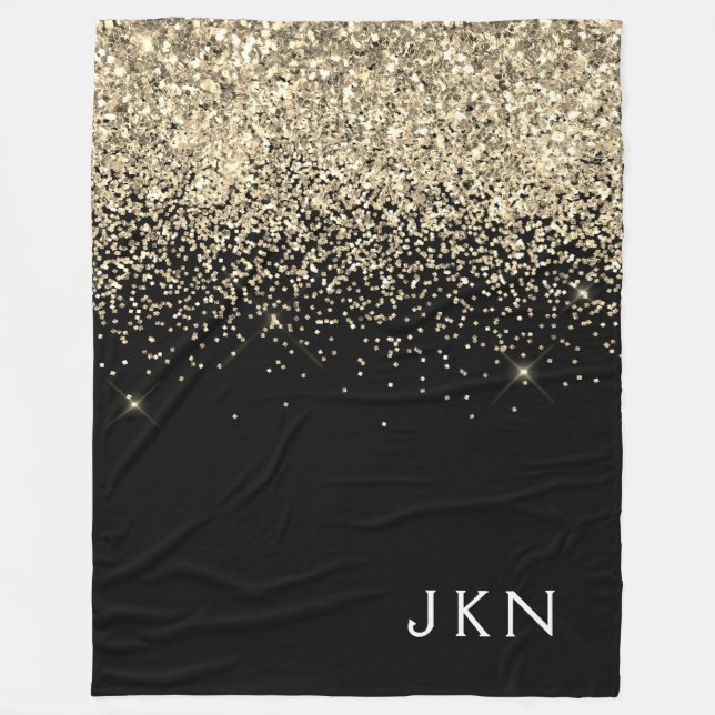 Gold Black Glitter Girly Monogram Initials Fleece Blanket (Front)