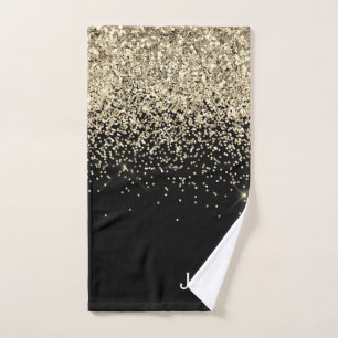 Gold Black Glitter Girly Monogram Initials Hand Towel