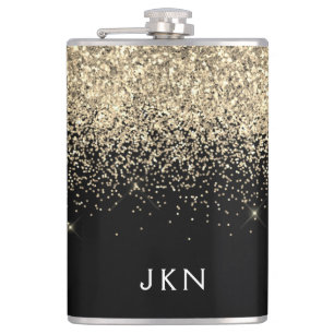 Gold Black Glitter Girly Monogram Initials Hip Flask