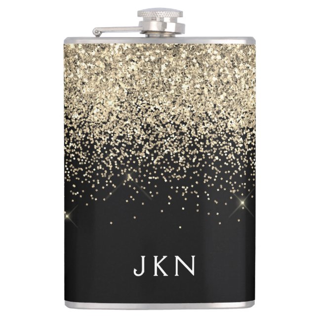 Gold Black Glitter Girly Monogram Initials Hip Flask (Front)