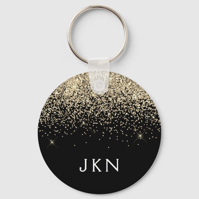 Gold Black Glitter Girly Monogram Initials Key Ring (Front)