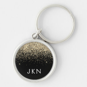 Gold Black Glitter Girly Monogram Initials Key Ring