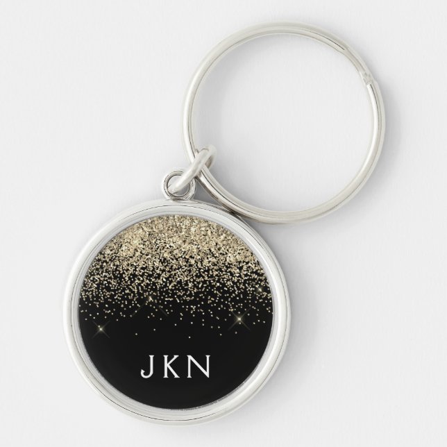Gold Black Glitter Girly Monogram Initials Key Ring (Front)