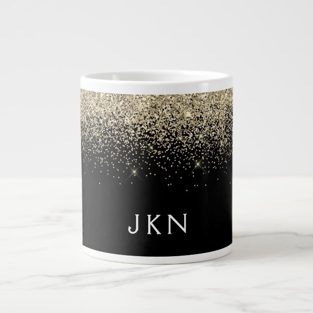 Gold Black Glitter Girly Monogram Initials Large Coffee Mug (Front)