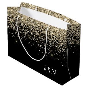 Gold Black Glitter Girly Monogram Initials Large Gift Bag