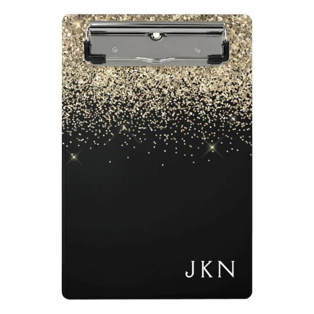 Gold Black Glitter Girly Monogram Initials Mini Clipboard (Front)