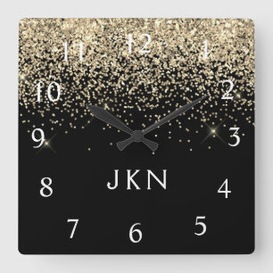 Gold Black Glitter Girly Monogram Initials Square Wall Clock