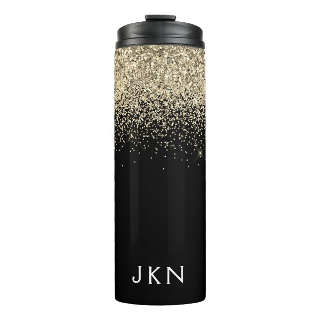 Gold Black Glitter Girly Monogram Initials Thermal Tumbler (Front)