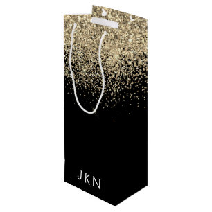 Gold Black Glitter Girly Monogram Initials Wine Gift Bag