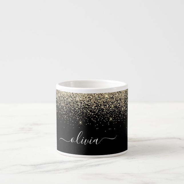 Gold Black Glitter Girly Monogram Name Espresso Cup (Front)