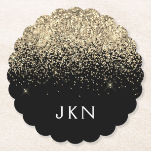 Gold Black Glitter Girly Name Initials Monogram Paper Coaster