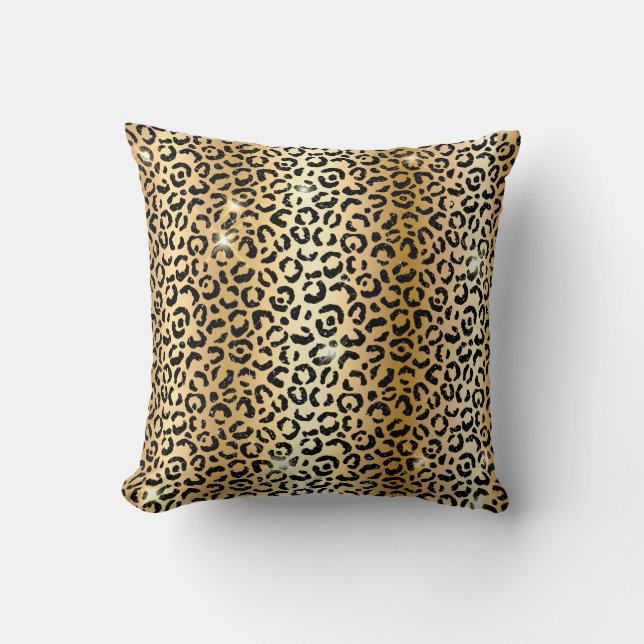 Gold & Black Glitter Glam Leopard Spots Print Cushion (Front)