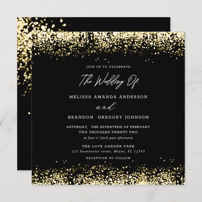 Gold Black Glitter Modern Wedding Invitation (Front/Back)