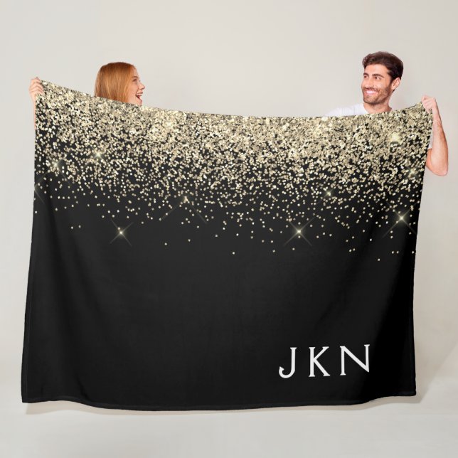 Gold Black Glitter Monogram Girly Initials Fleece Blanket (In Situ)
