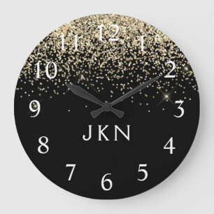 Gold Black Glitter Monogram Girly Initials Large Clock