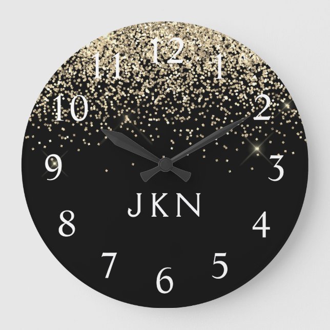 Gold Black Glitter Monogram Girly Initials Large Clock (Front)