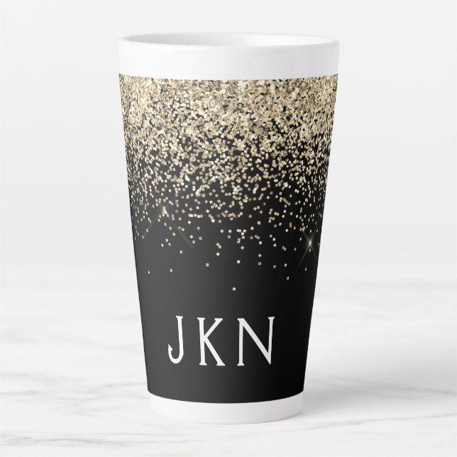 Gold Black Glitter Monogram Girly Initials Latte Mug (Front)
