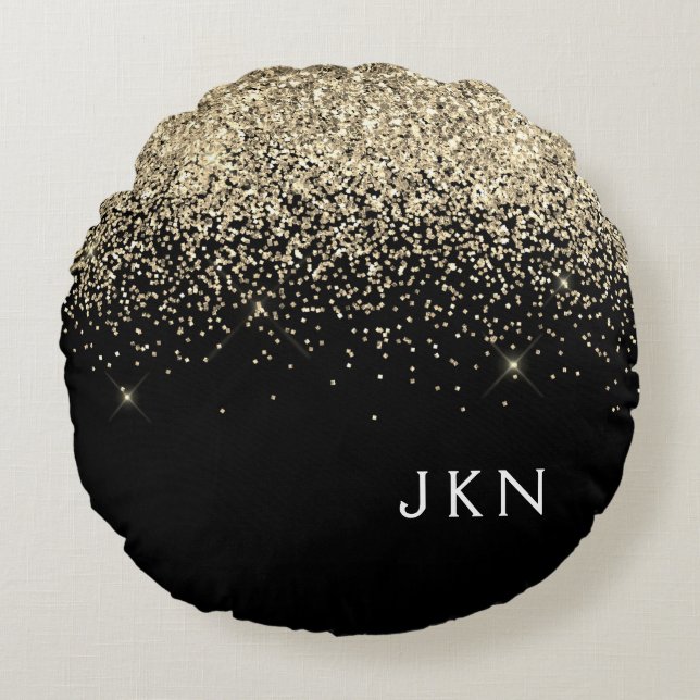 Gold Black Glitter Monogram Girly Initials Round Cushion (Front)