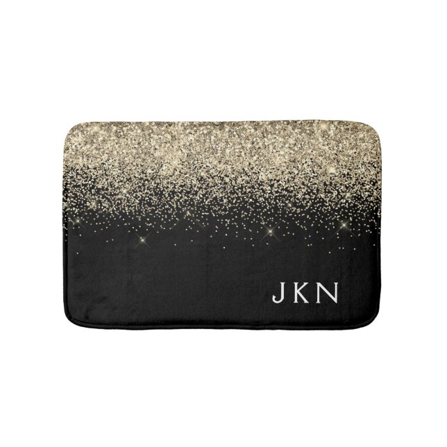 Gold Black Glitter Monogram Initials Monogram Bath Mat (Front)