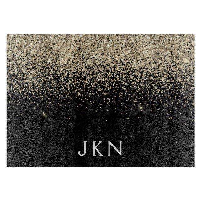 Gold Black Glitter Monogram Initials Monogram Cutting Board (Front)