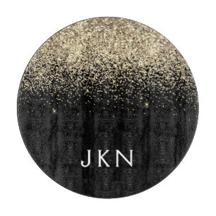 Gold Black Glitter Monogram Initials Monogram Cutting Board
