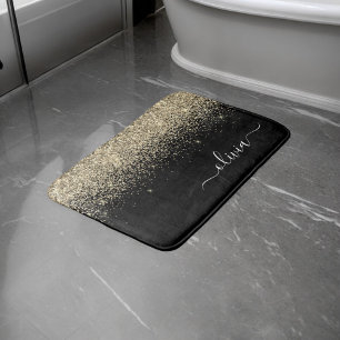 Gold Black Glitter Script Monogram Girly Name Bath Mat