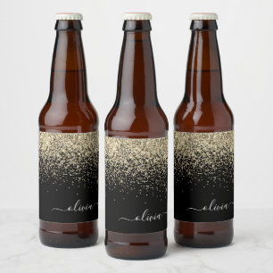 Gold Black Glitter Script Monogram Girly Name Beer Bottle Label
