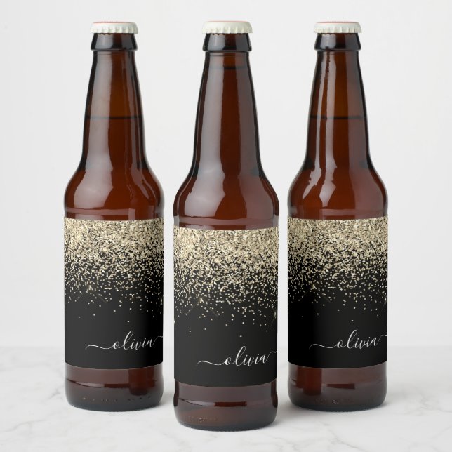 Gold Black Glitter Script Monogram Girly Name Beer Bottle Label (Bottles)